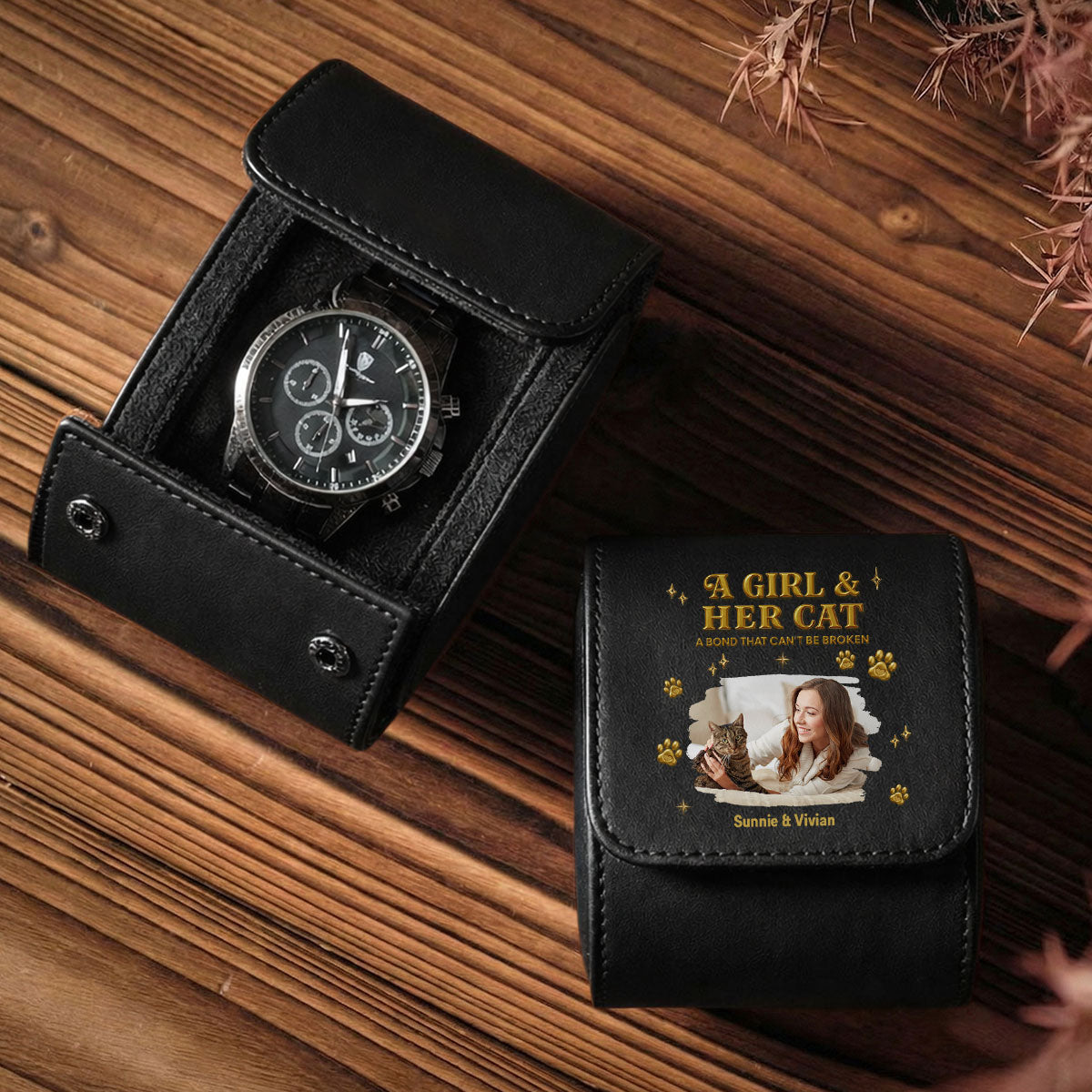 A Girl And Her Cat Photo - Personalized Leather Watch Case