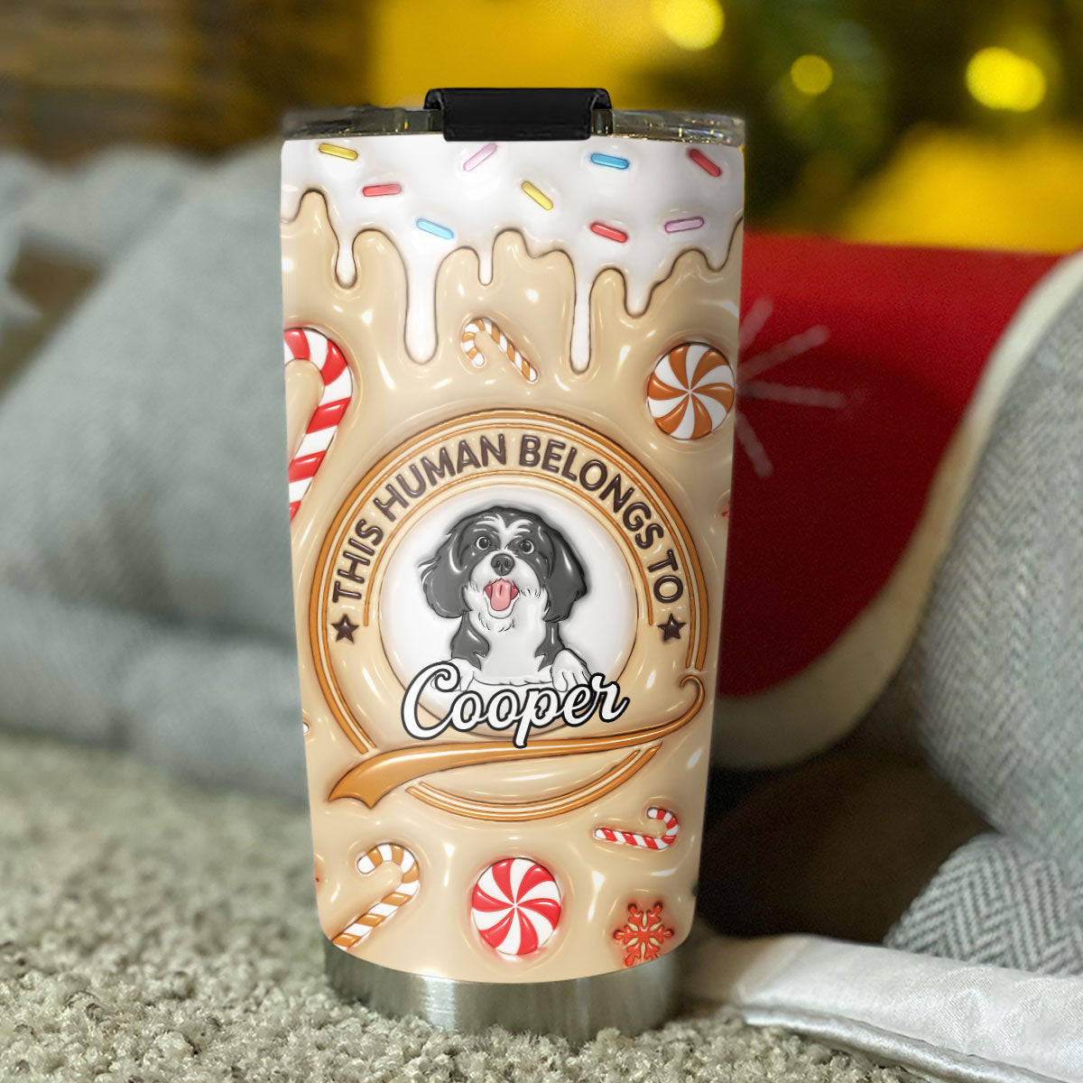 Custom Christmas Birthday Gifts For Dog Lovers • Human Belongs To Dog - Personalized 3D Inflated Effect Tumbler