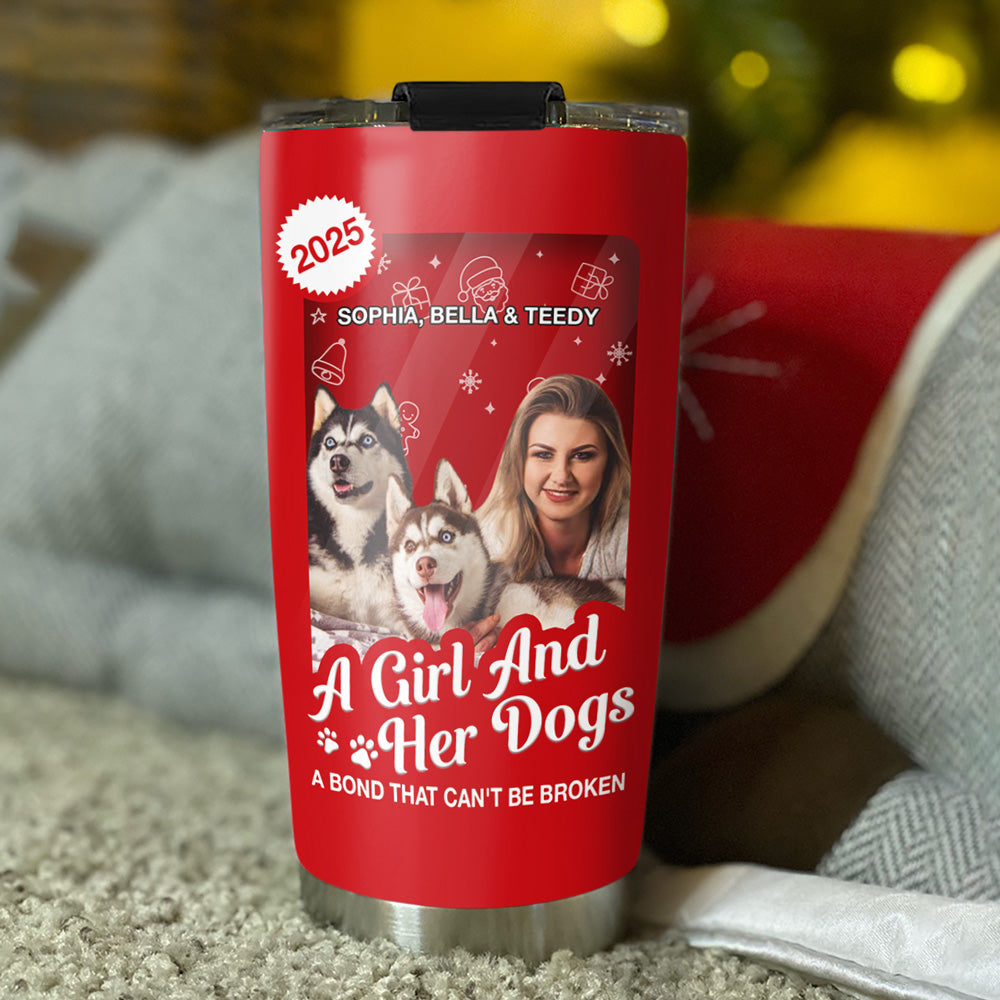 Custom Photo Christmas Birthday Gifts For Dog Mom, Dog Lovers • A Woman And Her Dog Cartoon Christmas Photo - Personalized Tumbler