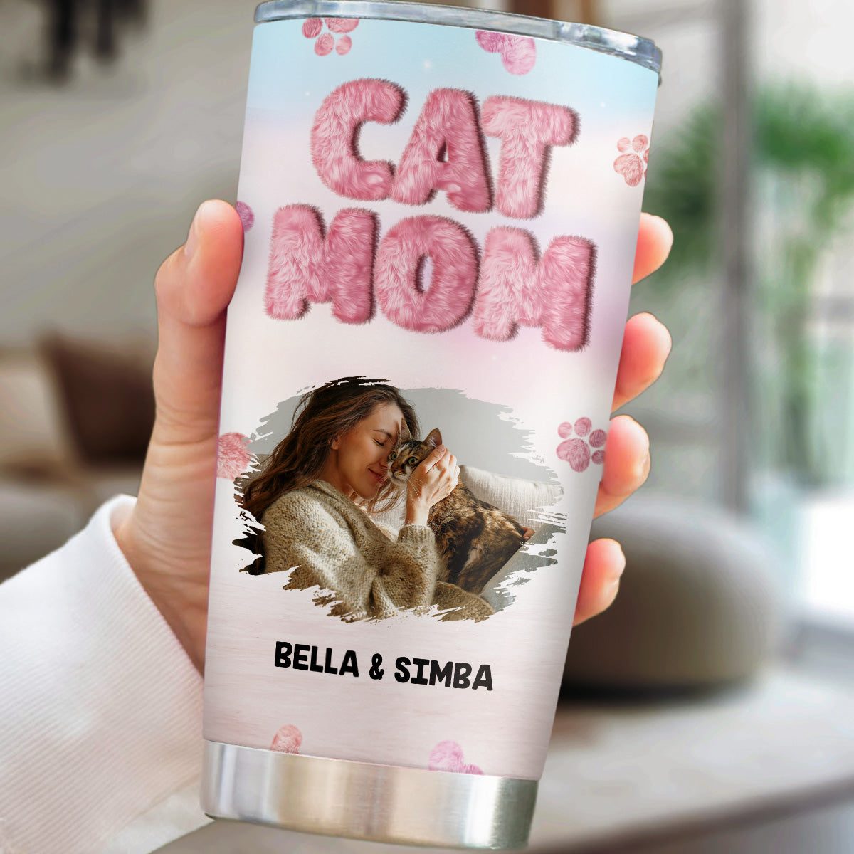 Custom Photo Christmas Birthday Gifts For Cat Mom, Cat Lovers • Fluffy Cat Mom Photo - Personalized Tumbler