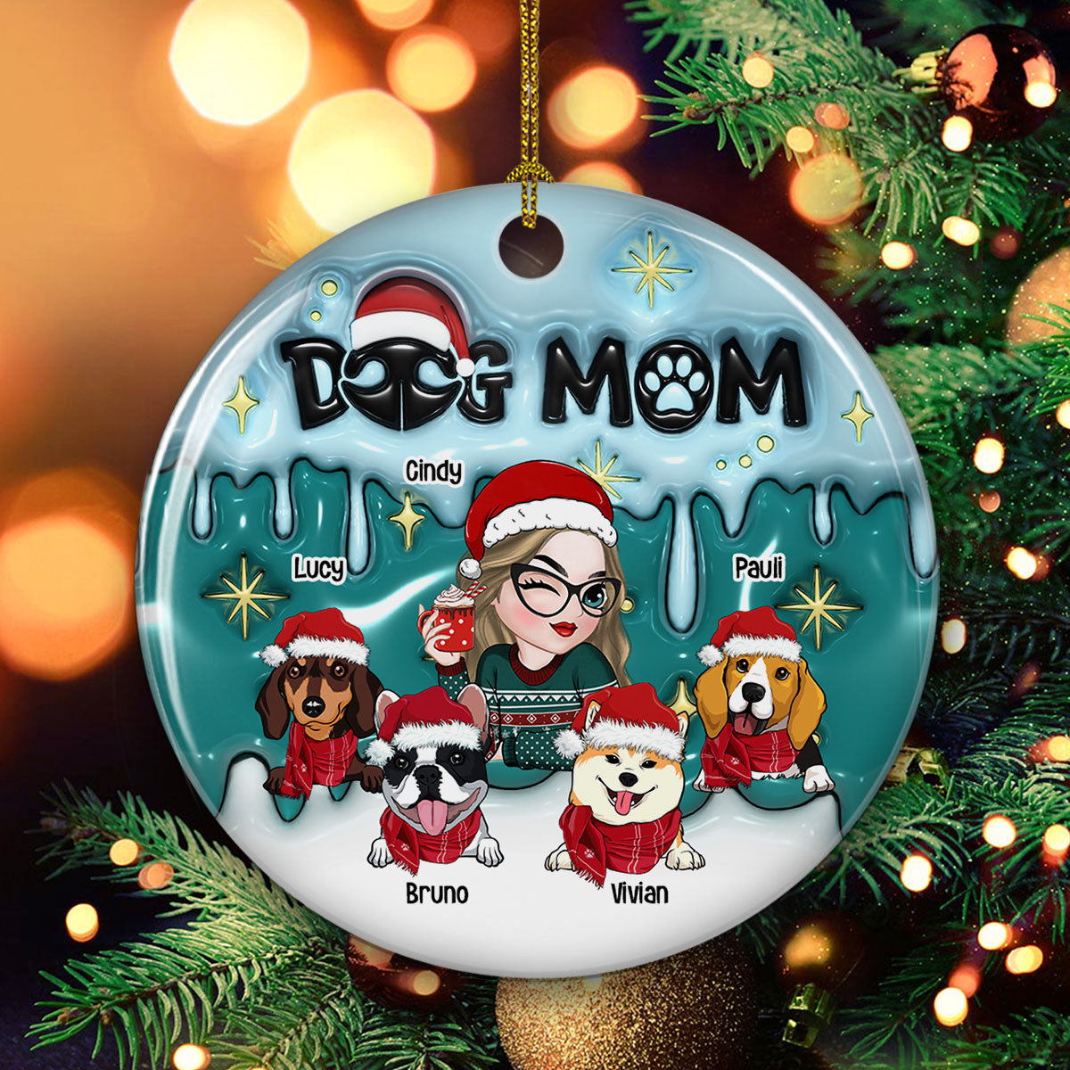 Custom Christmas Decor Home Birthday Gifts For Dog Mom, Dog Lovers • Holiday With Dog Mom - Personalized 3D Inflated Effect Ceramic Ornament