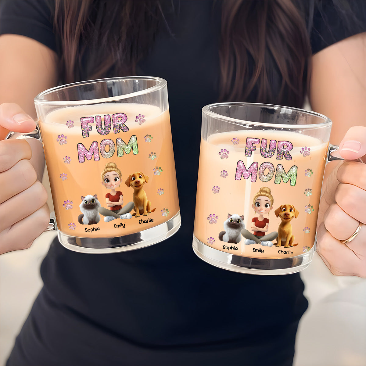 Custom Christmas Birthday Gifts For Dog Mom, Dog Lovers • Fur Mom Lovely Chibi - Personalized 3D Inflated Effect Glass Mug