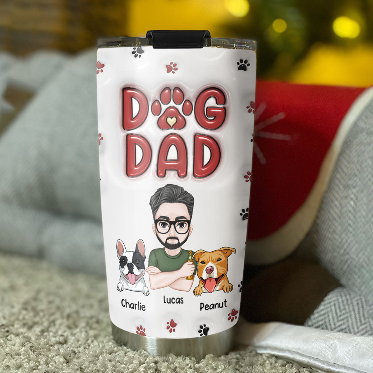 Custom Christmas Birthday Gifts For Dog Dad, Dog Lovers • Lovely Dog Dad - Personalized 3D Inflated Effect Tumbler