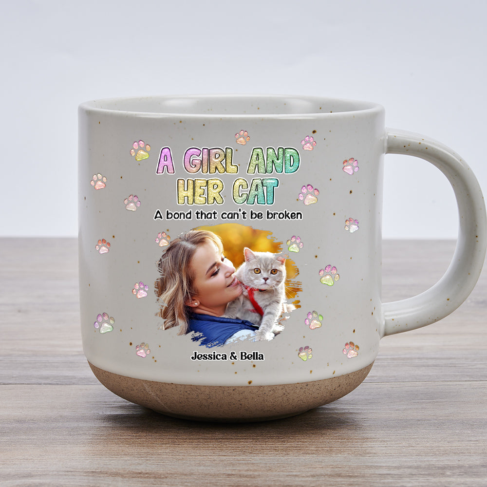 Custom Photo Christmas Birthday Gifts For Cat Mom, Cat Lovers • A Girl And Her Cat Photo - Personalized Pottery Mug