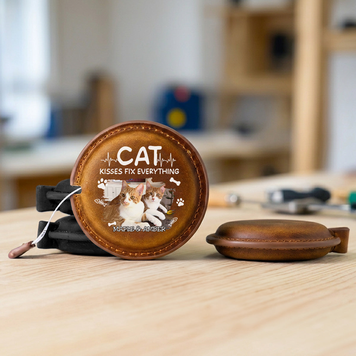 Cat Kisses Photo - Personalized Leather Tape Measure