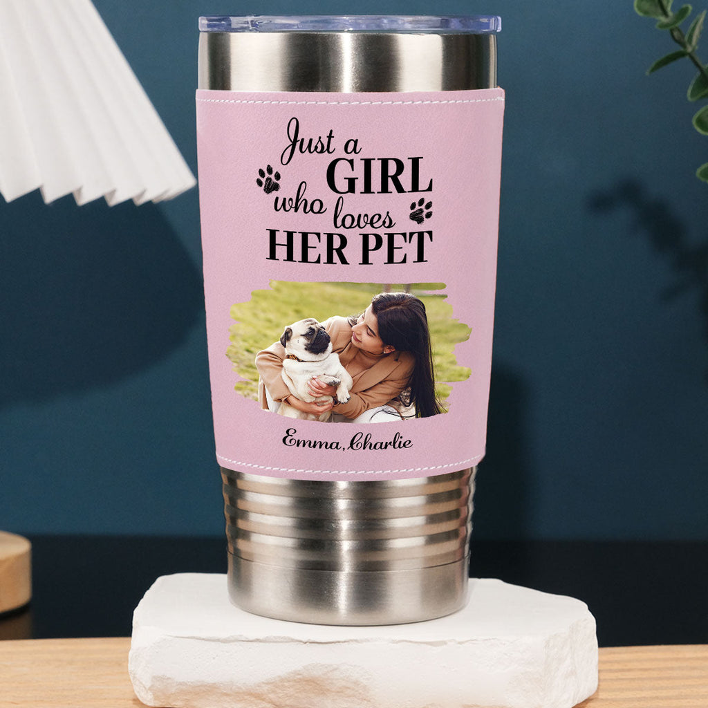 Custom Photo Christmas Birthday Gifts For Pet Mom, Pet Lovers • Pumskin Pet Autumn Photo - Personalized Pink Leather Tumbler