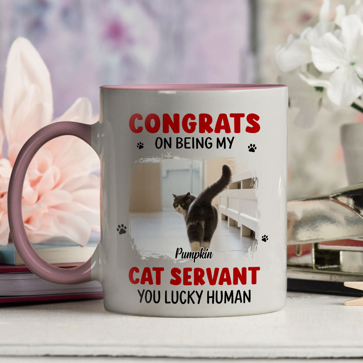 Custom Photo Christmas Birthday Gifts For Cat Lovers • You Lucky Hooman Cat Servant Photo - Personalized Accent Mug