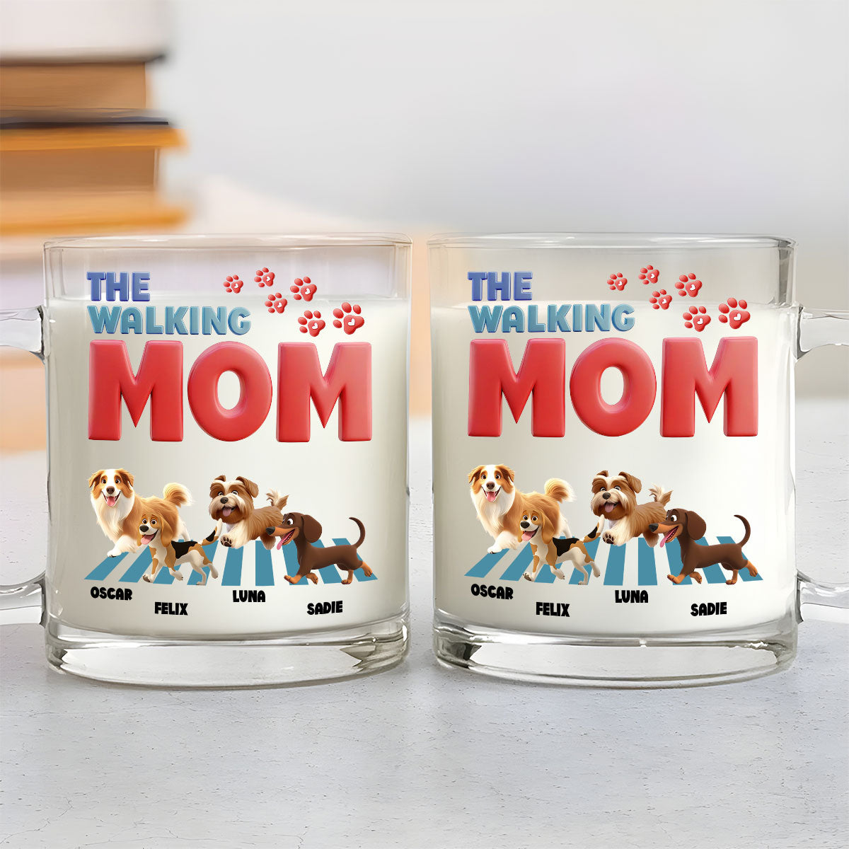 Custom Mother's day Birthday Gifts For Dog Mom, Dog Lovers • Lovely Walking Mom Cartoon - Personalized Glass Mug