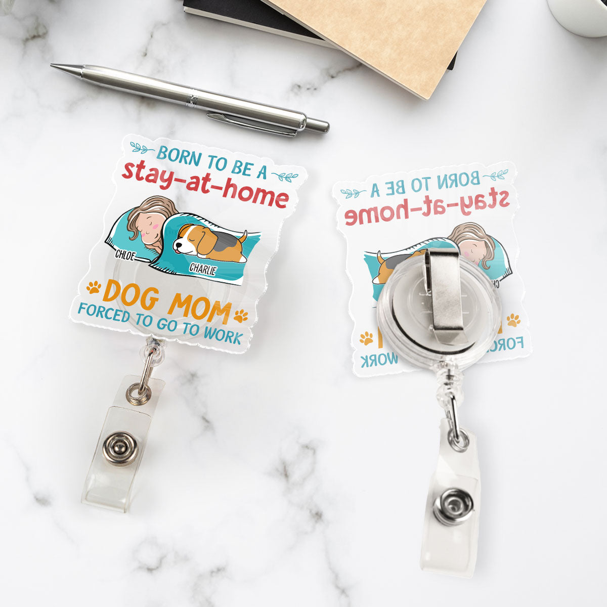 Custom Photo Funny Dog Mom Portrait ID Holder, For Graduation, Birthday • A Stay At Home - Personalized Acrylic Badge Reel