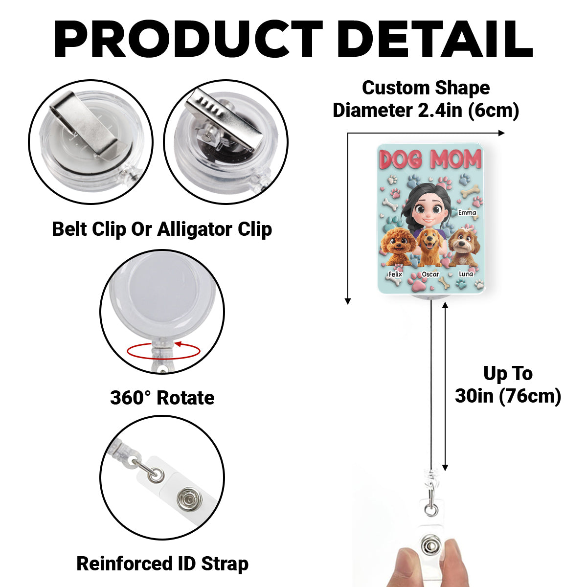Custom Photo Funny Dog Mom Portrait ID Holder, For Graduation, Birthday • Dog Mom Cartoon - Personalized Acrylic Badge Reel