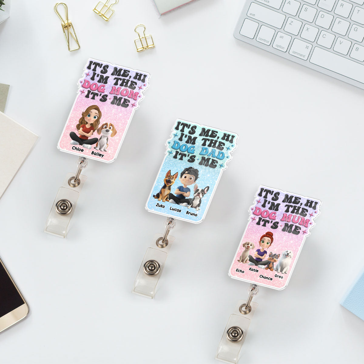 Custom Photo Funny Dog Mom Portrait ID Holder, For Graduation, Birthday • Dog Mom Is Me - Personalized Acrylic Badge Reel