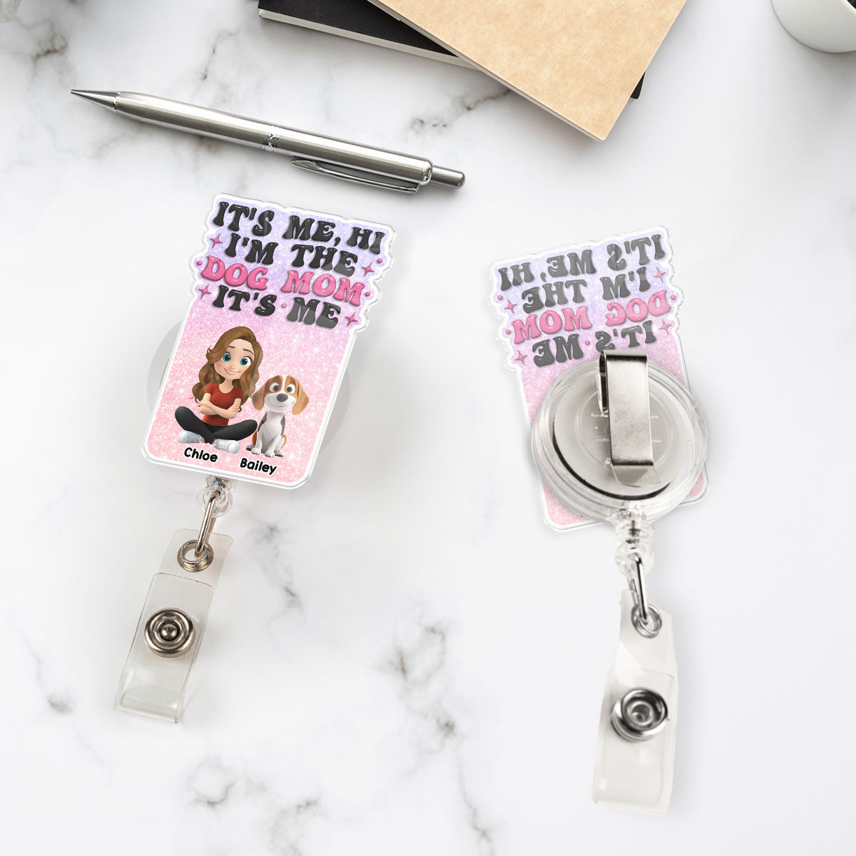 Custom Photo Funny Dog Mom Portrait ID Holder, For Graduation, Birthday • Dog Mom Is Me - Personalized Acrylic Badge Reel