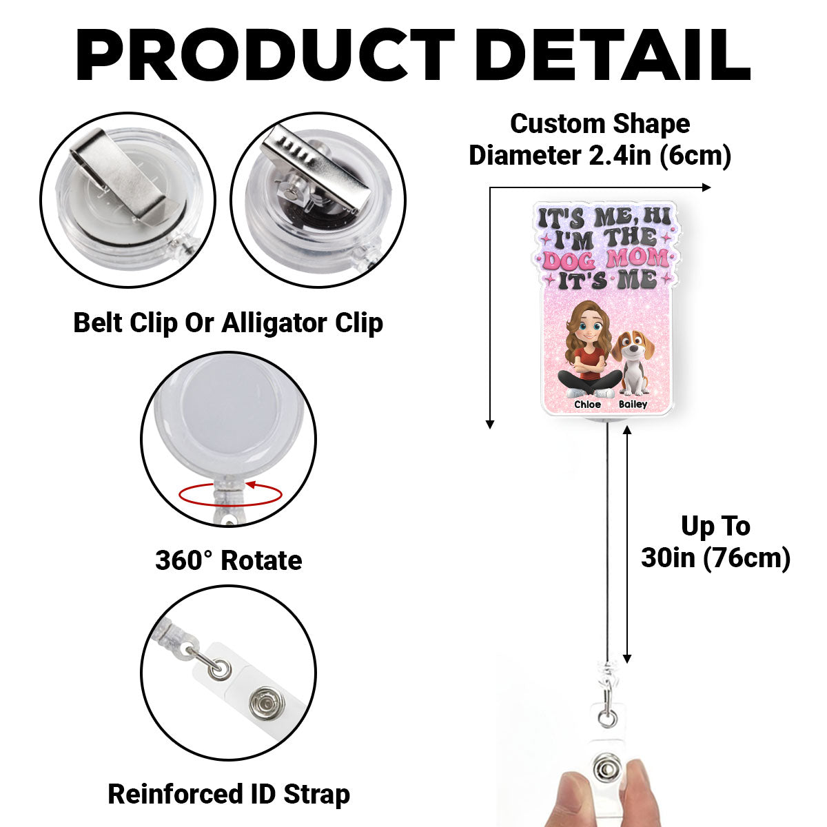 Custom Photo Funny Dog Mom Portrait ID Holder, For Graduation, Birthday • Dog Mom Is Me - Personalized Acrylic Badge Reel