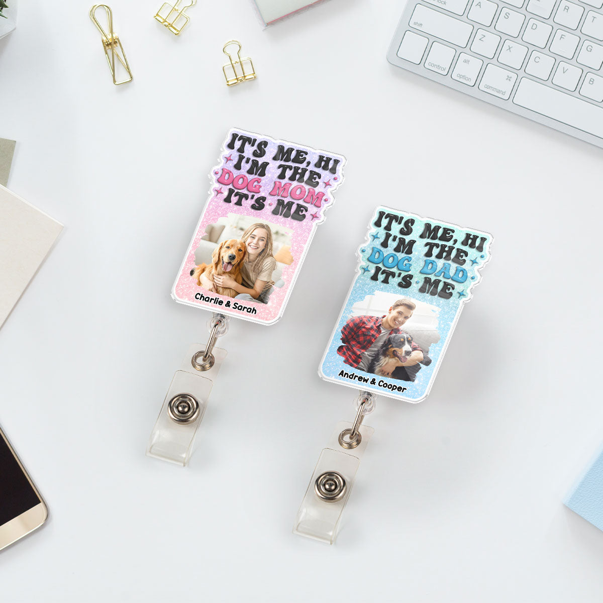 Custom Photo Funny Dog Mom Portrait ID Holder, For Graduation, Birthday • Dog Mom Is Me Photo - Personalized Acrylic Badge Reel