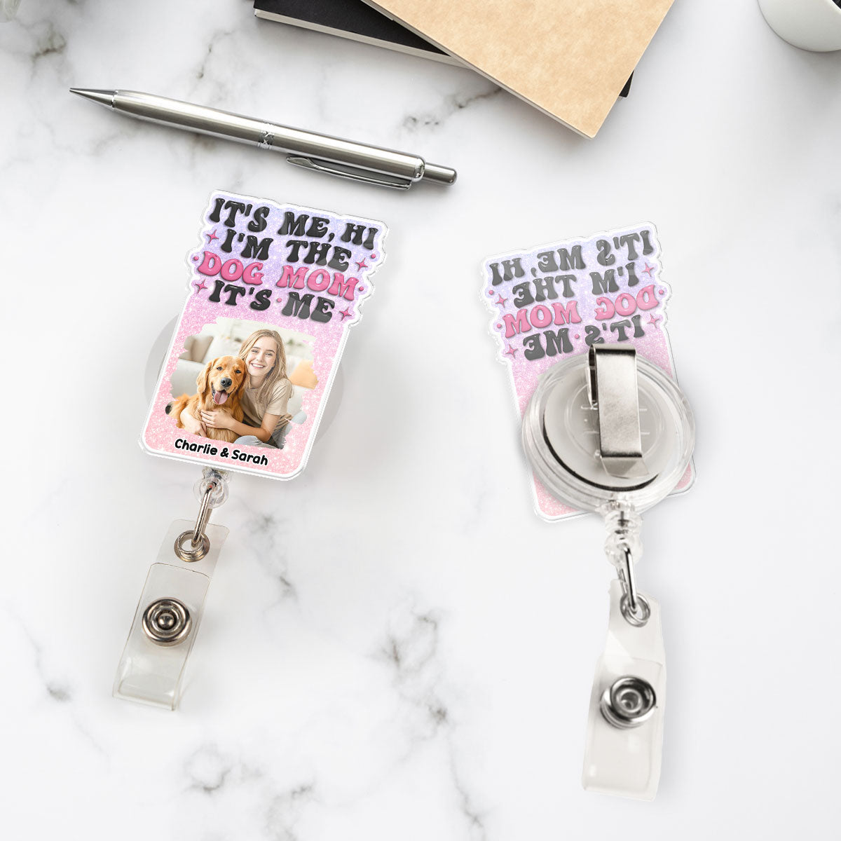 Custom Photo Funny Dog Mom Portrait ID Holder, For Graduation, Birthday • Dog Mom Is Me Photo - Personalized Acrylic Badge Reel
