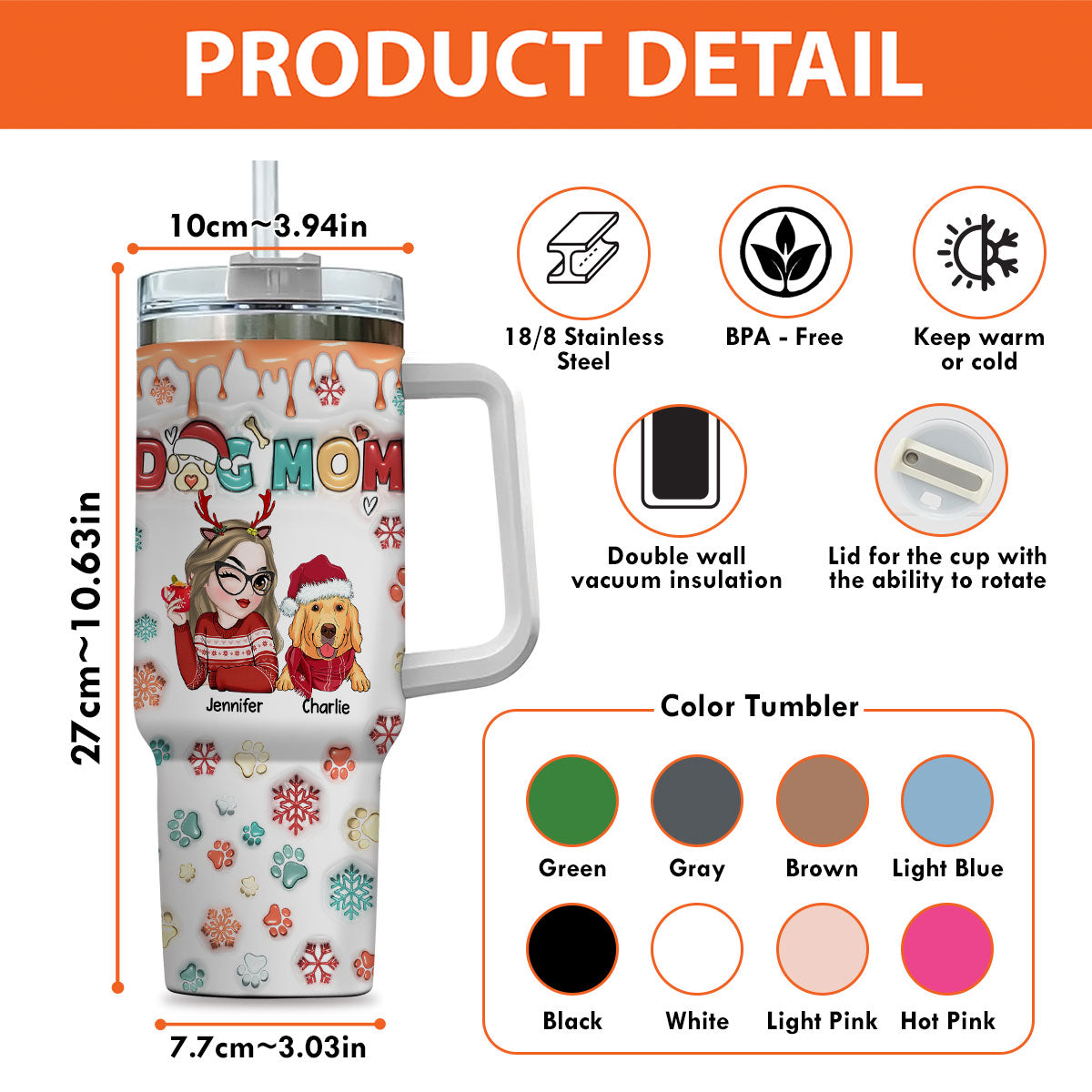 Custom Mother's day Birthday Gifts For Dog Mom, Dog Lovers • Mom Of Dogs Christmas Ver 2 - Personalized 3D Inflated Effect Printed 40 Oz Tumbler