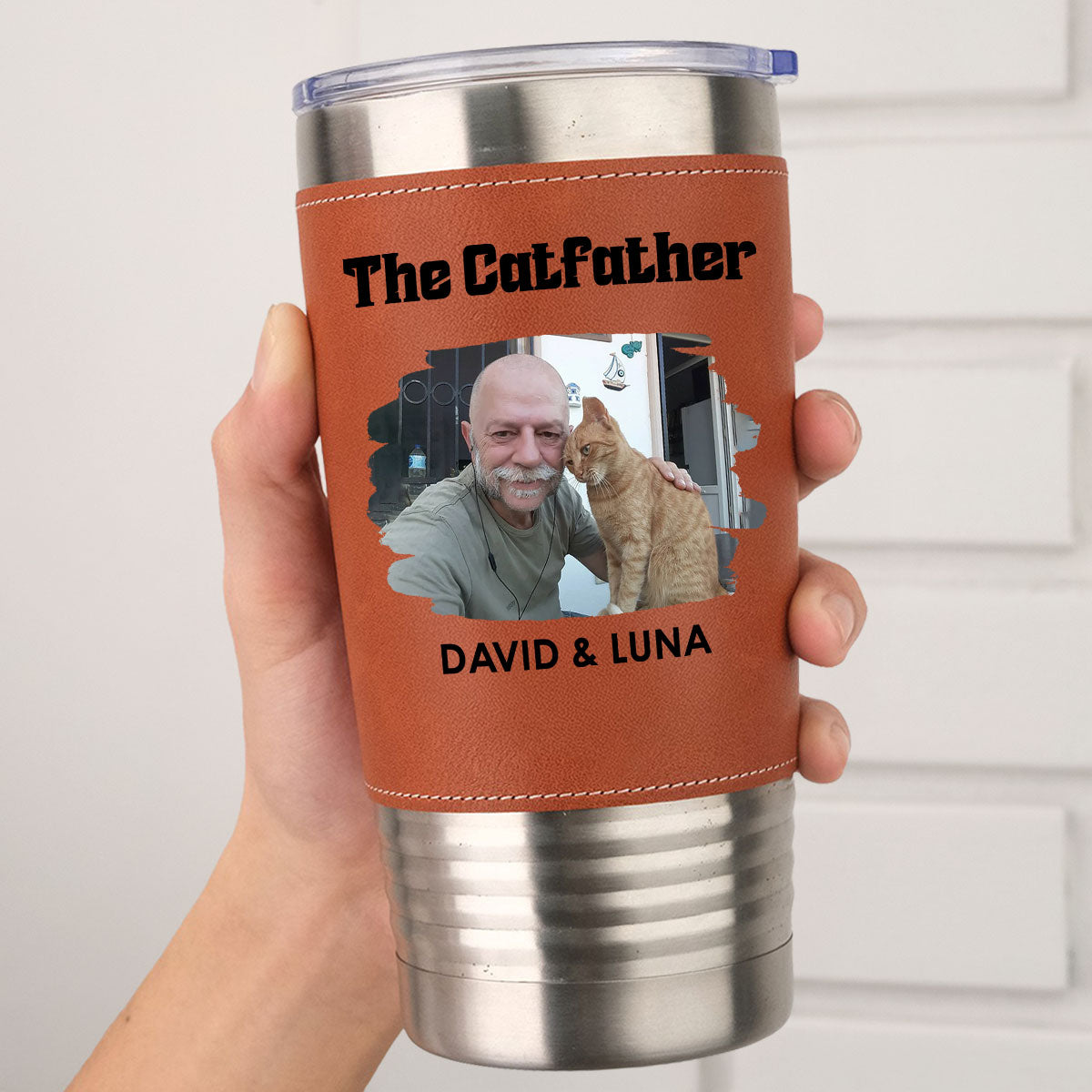 Custom Photo Father's day Birthday Gifts For Cat Dad, Cat Lovers • The Catfather Photo - Personalized Leather Tumbler
