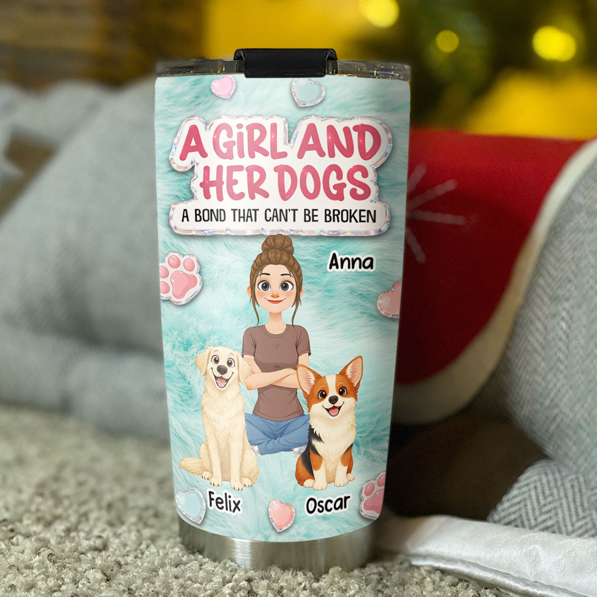 Custom Christmas Birthday Gifts For Dog Mom, Dog Lovers • Storybook Cute Girl And Her Dogs - Personalized Tumbler