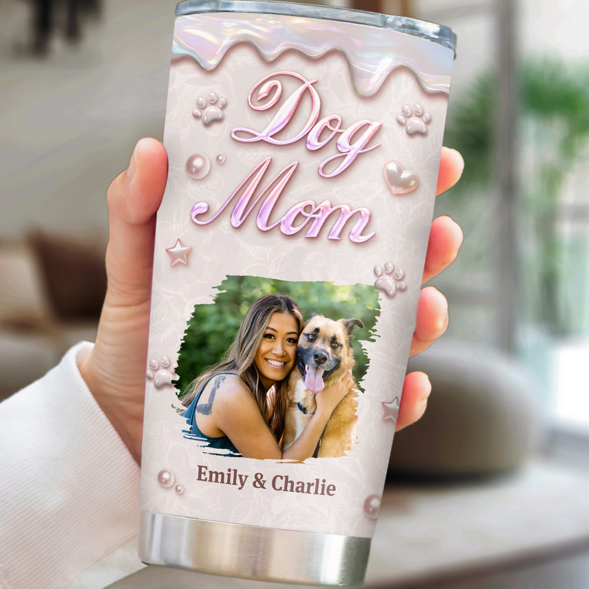 Custom Photo Christmas Birthday Gifts For Dog Mom, Dog Lovers • Sparkling Pearl Dog Mom Photo - Personalized 3D Effect Tumbler