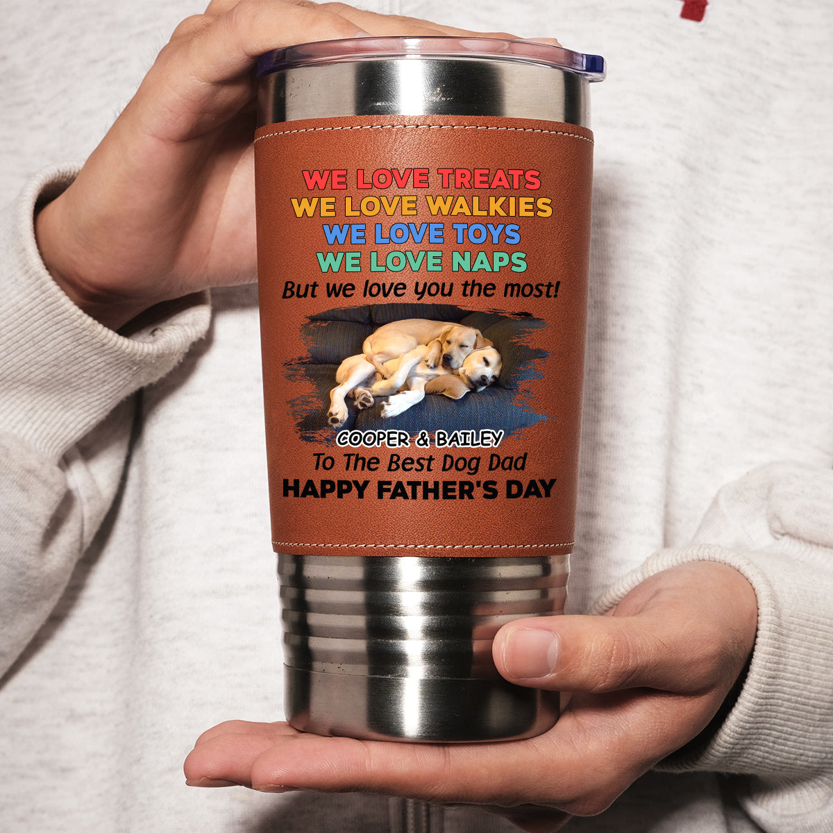 Custom Photo Father's day Birthday Gifts For Dog Dad, Dog Lovers • Love You The Most Photo - Personalized Leather Tumbler