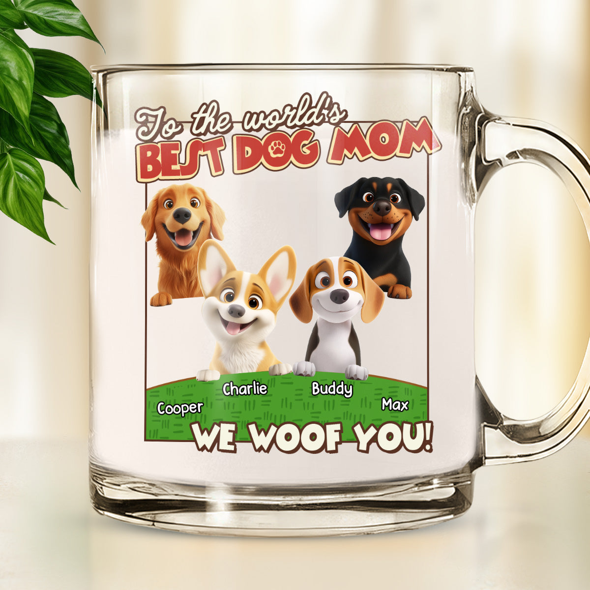 Custom Mother's day Birthday Gifts For Dog Mom, Dog Lovers • We Woof You Dog Mom Dad Cartoon - Personalized Glass Mug