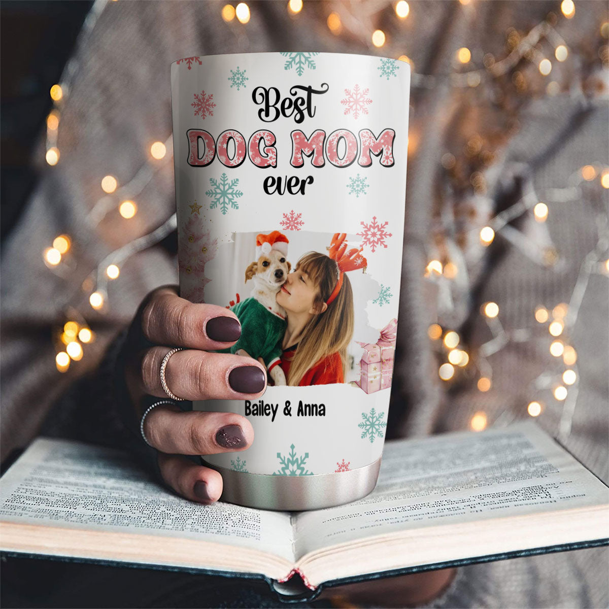 Custom Photo Christmas Birthday Gifts For Dog Mom, Dog Lovers • Cozy Dog Mom In Winter Photo - Personalized Tumbler