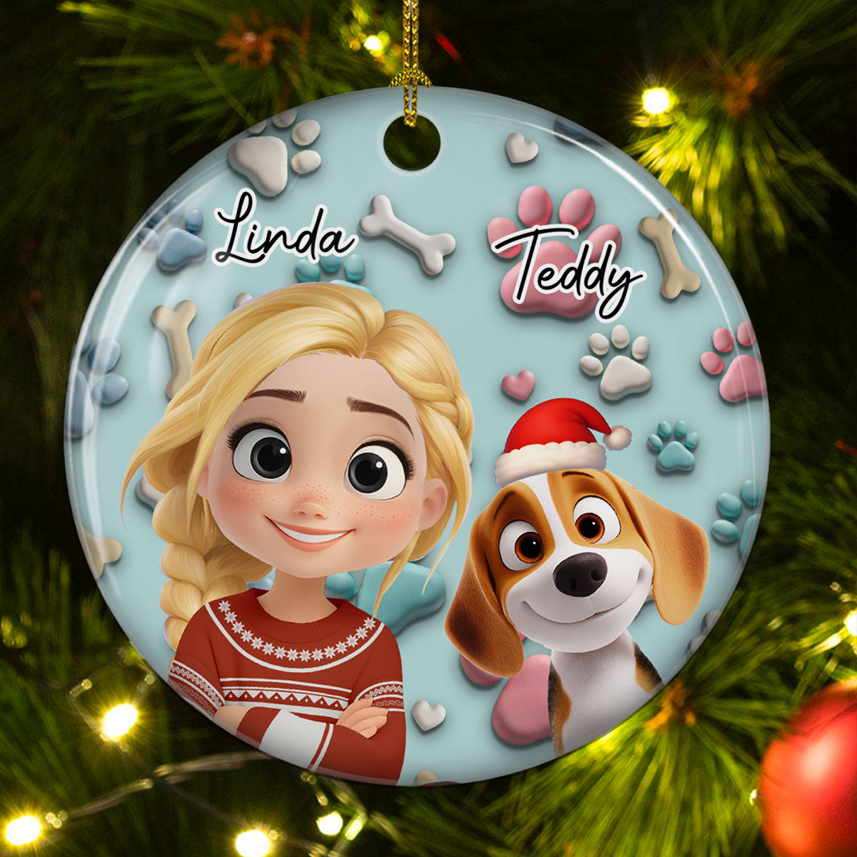 Custom Christmas Decor Home Birthday Gifts For Dog Mom, Dog Lovers • Dog And Human Cartoon - Personalized 3D Effect Ceramic Ornament