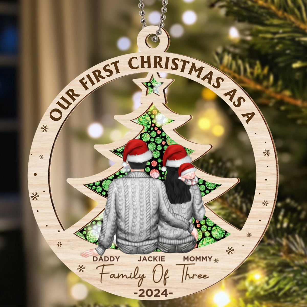 First Christmas As A Family Of Three New Parents - Personalized Suncatcher Ornament