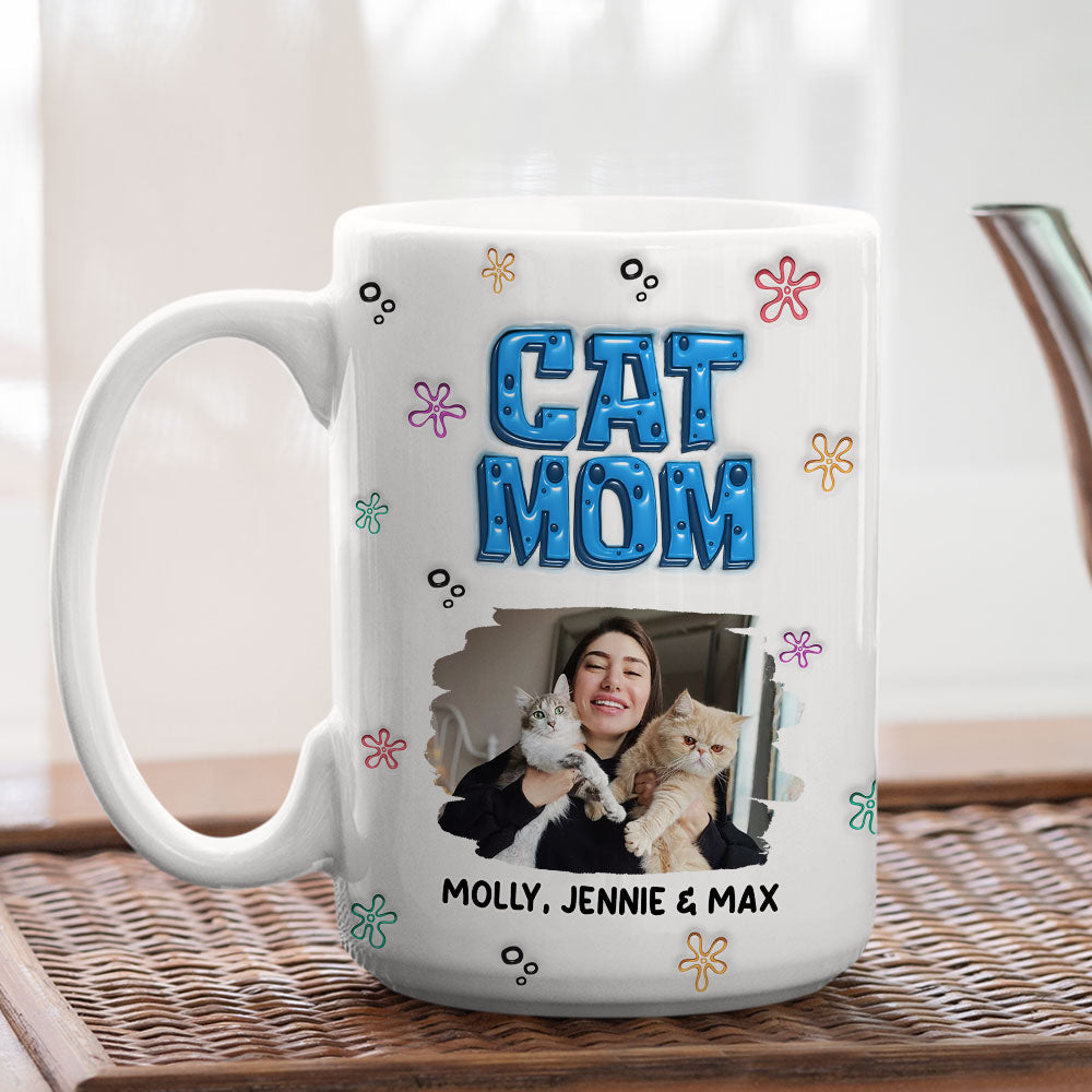 Custom Photo Christmas Birthday Gifts For Cat Mom, Cat Lovers • Sponge Cat Mom Photo - Personalized 3D Inflated Effect Mug