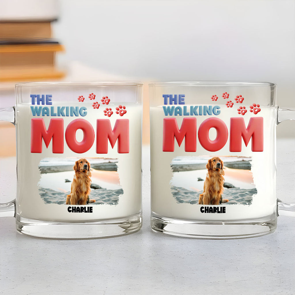 Custom Photo Mother's day Birthday Gifts For Dog Mom, Dog Lovers • Lovely Walking Mom Cartoon Photo - Personalized Glass Mug
