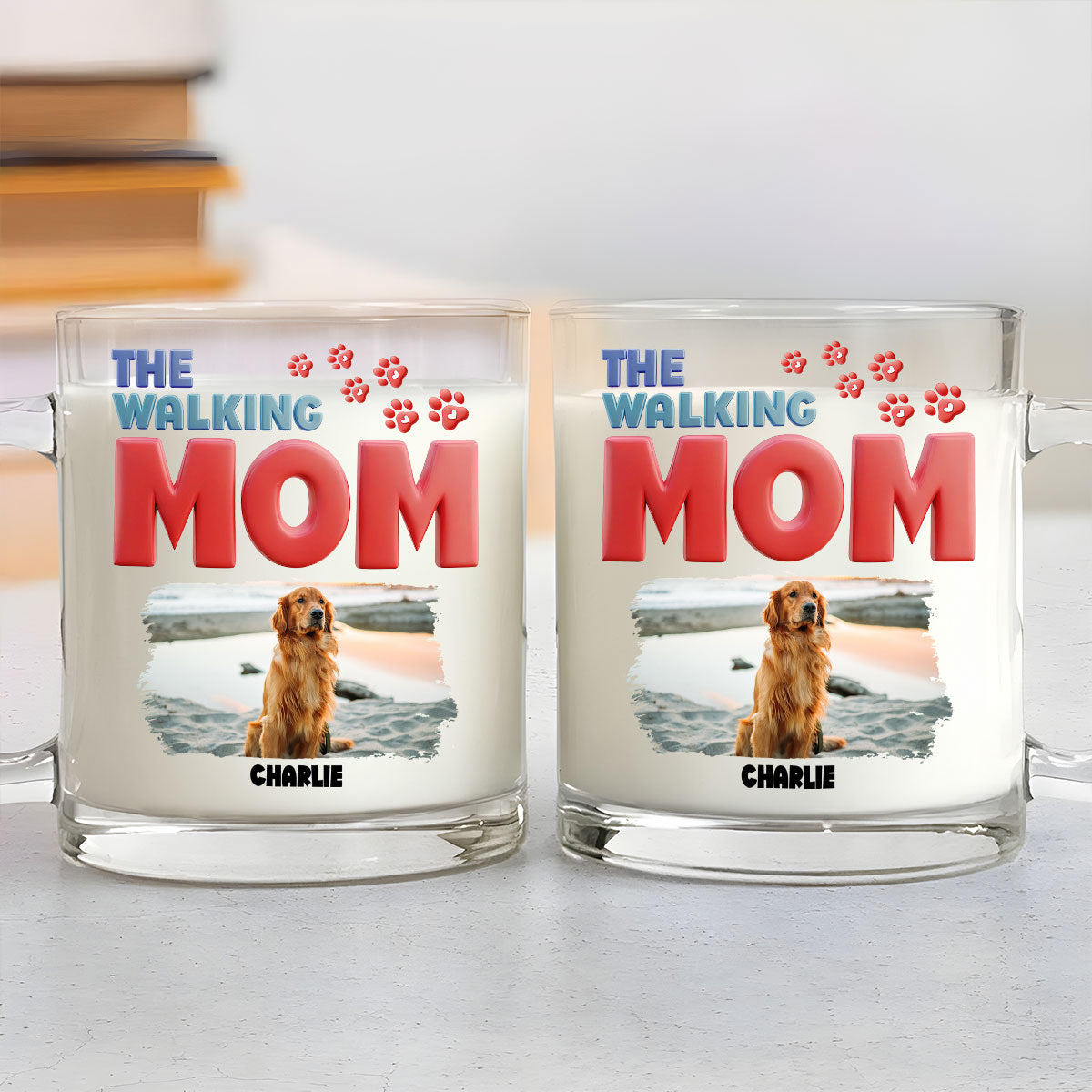 Custom Photo Mother's day Birthday Gifts For Dog Mom, Dog Lovers • Lovely Walking Mom Cartoon Photo - Personalized Glass Mug