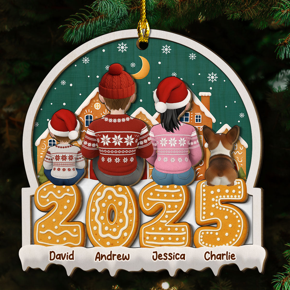 Custom Christmas Decor Home Birthday Gifts For Dog Lovers • Cartoon Family And Pet Gingerbread Cookies - Personalized 2-layered Wood Ornament