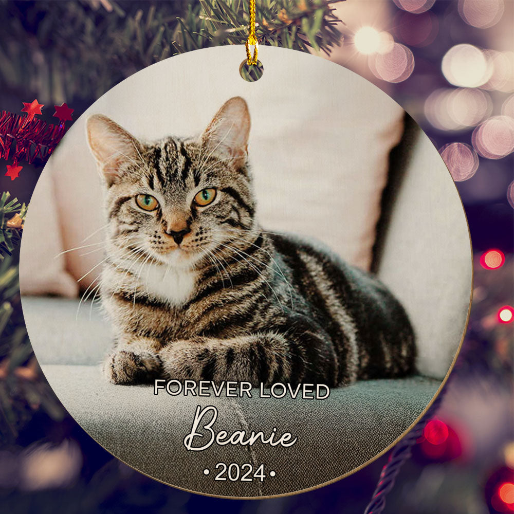 Custom Christmas Memorial Sympathy Gifts For Dogs, Cats • Forever Loved Photo Pet Memorial - Personalized Wood Ornament