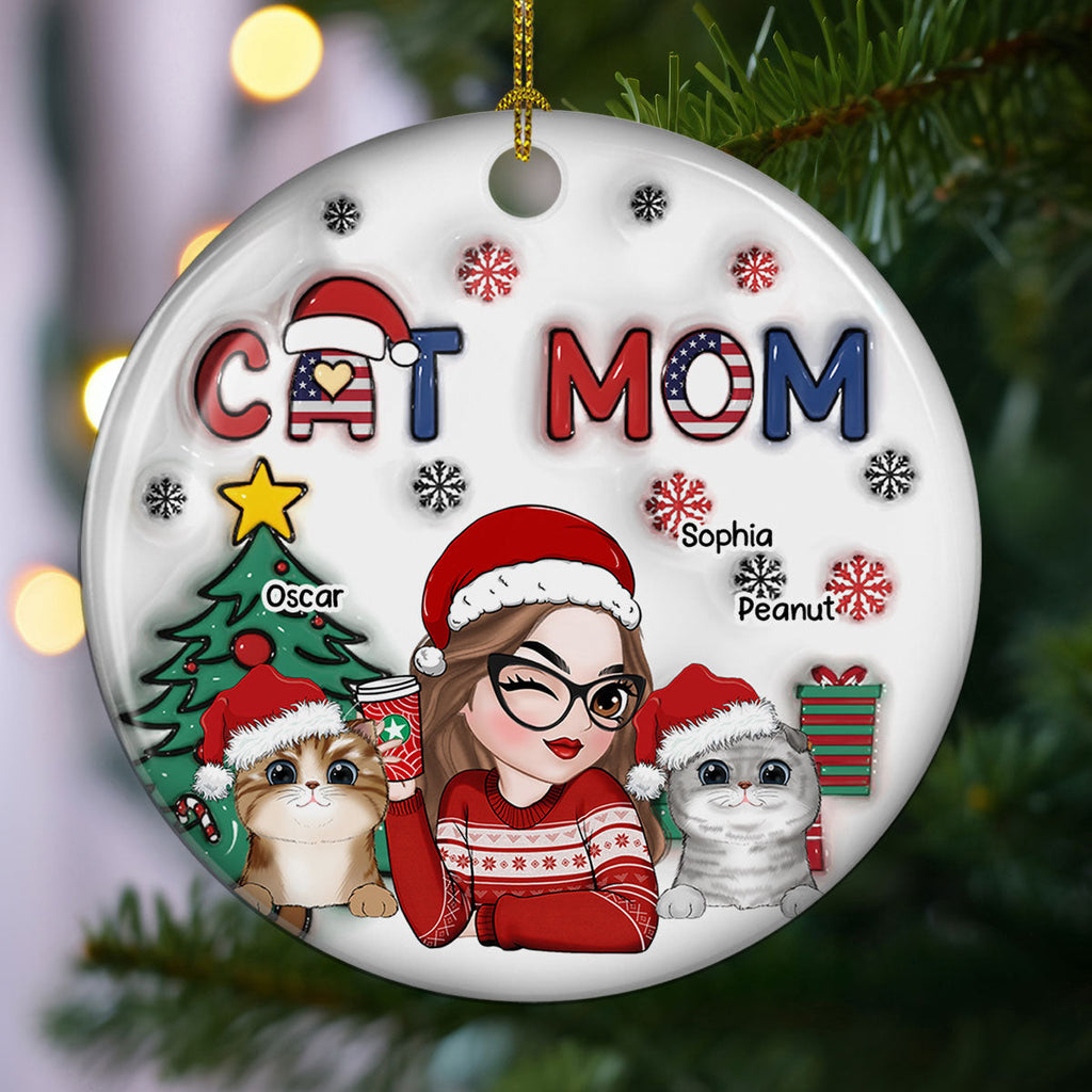 American Cat Mom Christmas - Personalized 3D Inflated Effect Ceramic Ornament