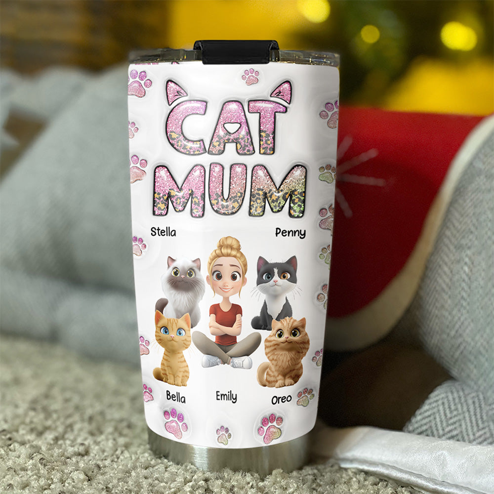 Custom Christmas Birthday Gifts For Cat Mom, Cat Lovers • Cat Mom Lovely Chibi - Personalized 3D Inflated Effect Tumbler