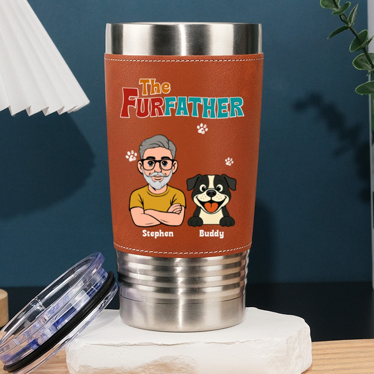 Custom Christmas Birthday Gifts For Pet Dad, Pet Lovers • Retro Pet Father - Personalized Leather Tumbler