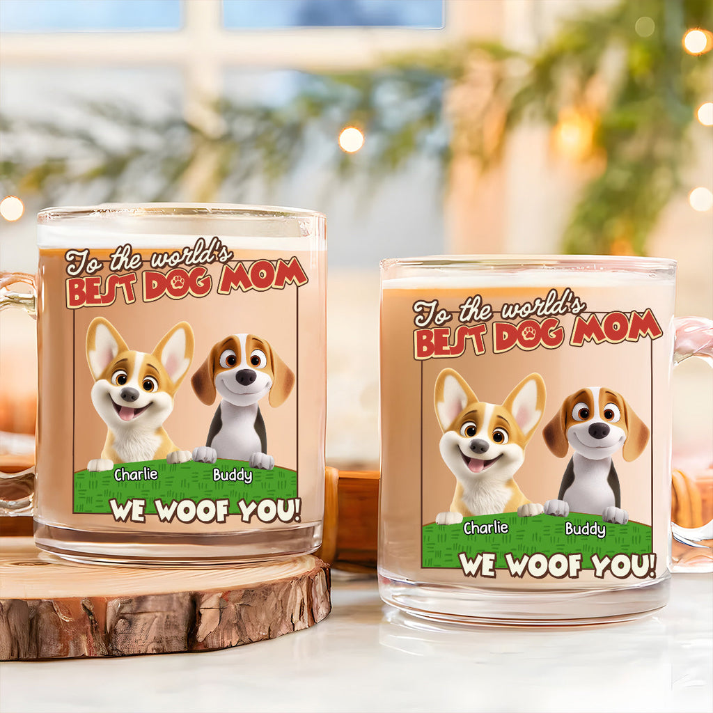 Custom Mother's day Birthday Gifts For Dog Mom, Dog Lovers • We Woof You Dog Mom Dad Cartoon - Personalized Glass Mug