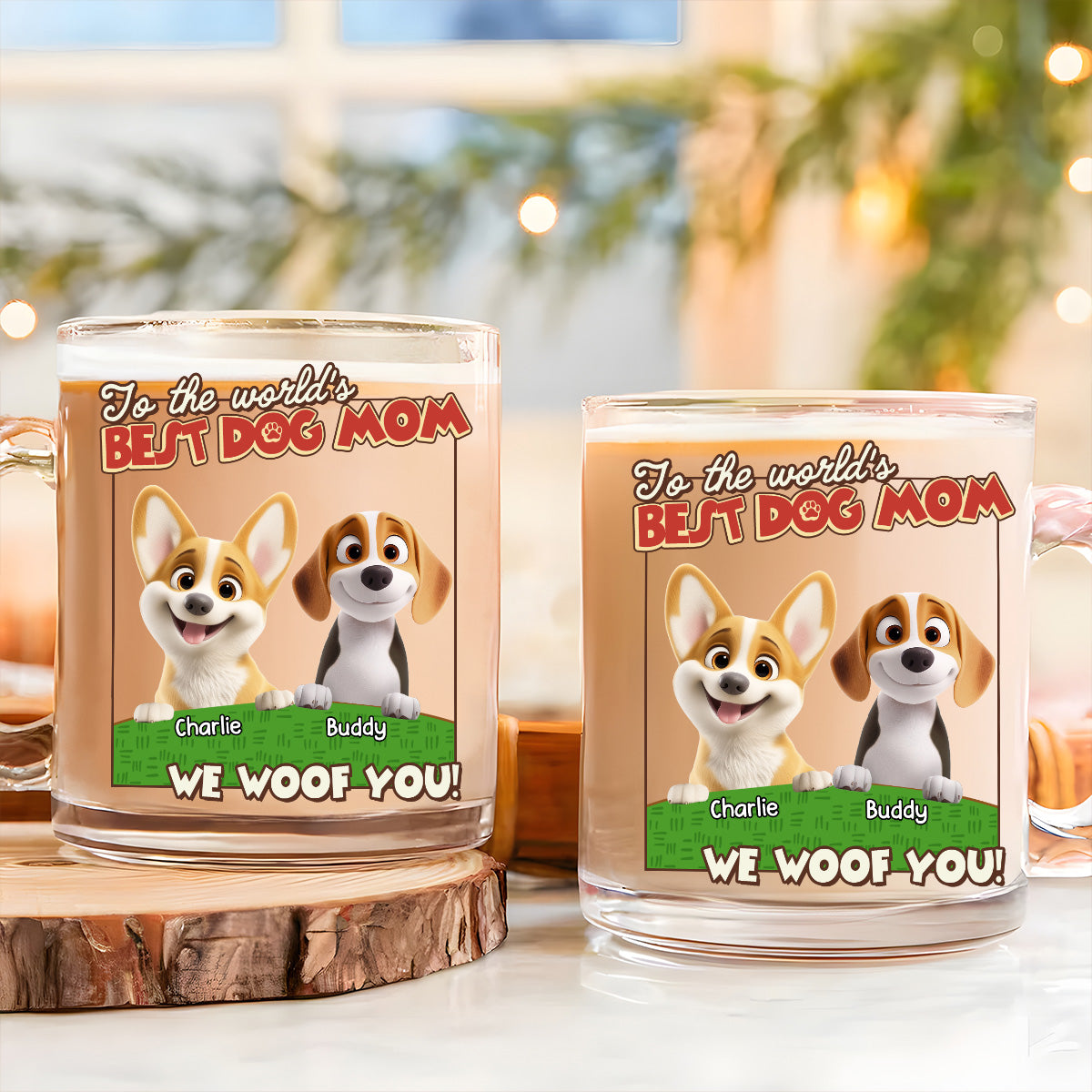 Custom Mother's day Birthday Gifts For Dog Mom, Dog Lovers • We Woof You Dog Mom Dad Cartoon - Personalized Glass Mug