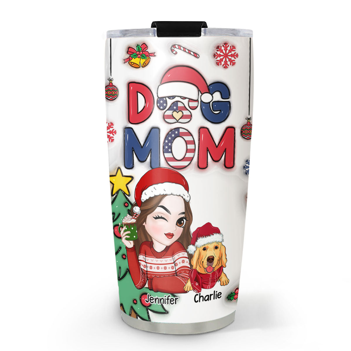 Custom Mother's day Birthday Gifts For Pet Mom, Pet Lovers • Lovely Dog Mom Christmas Version 3 - Personalized 3D Inflated Effect Tumbler