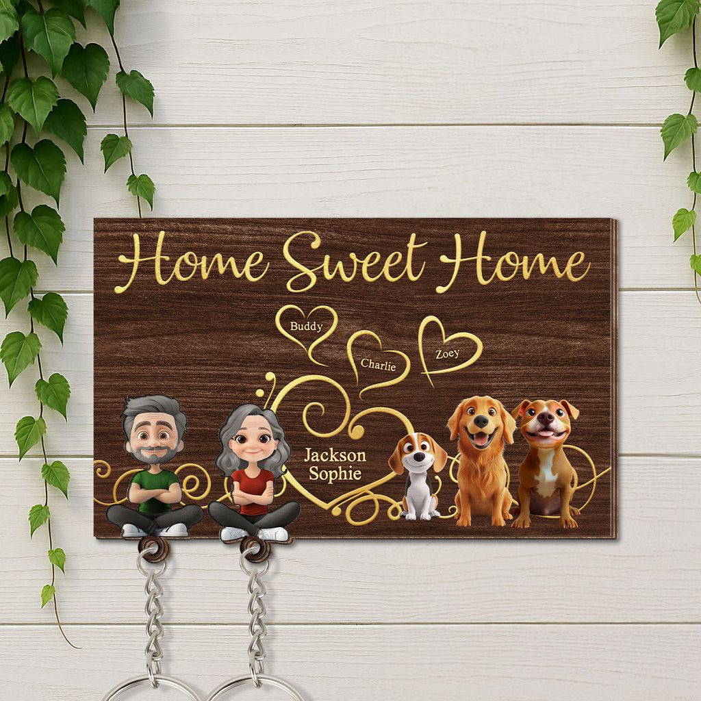 Home Sweet Home - Personalized Wooden Key Holder With Keychain
