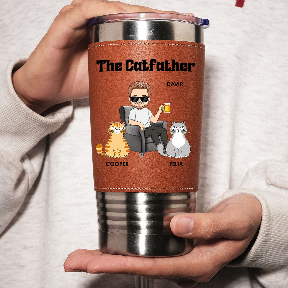 Custom Father's day Birthday Gifts For Dog Dad, Dog Lovers • The Catfather - Personalized Leather Tumbler