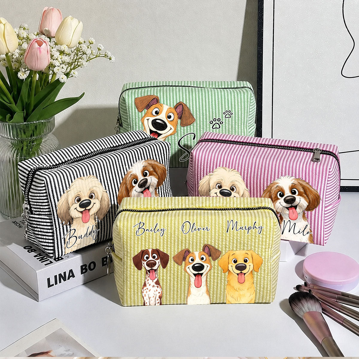 Dogs Make Life Better - Personalized Seersucker Print Makeup Bag