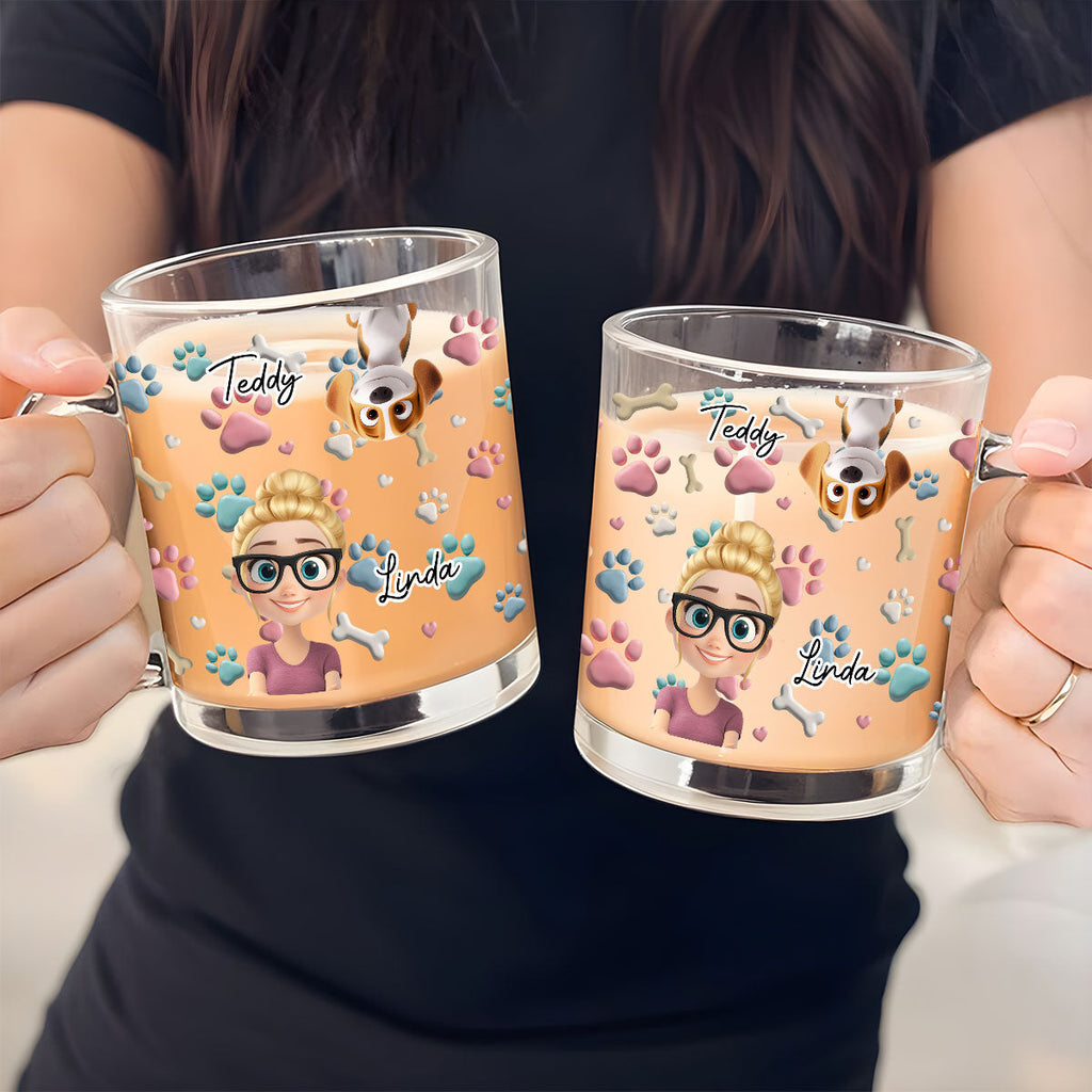 Custom Mother's day Birthday Gifts For Dog Mom, Dog Lovers • Dog And Human Cartoon - Personalized 3D Inflated Effect Glass Mug