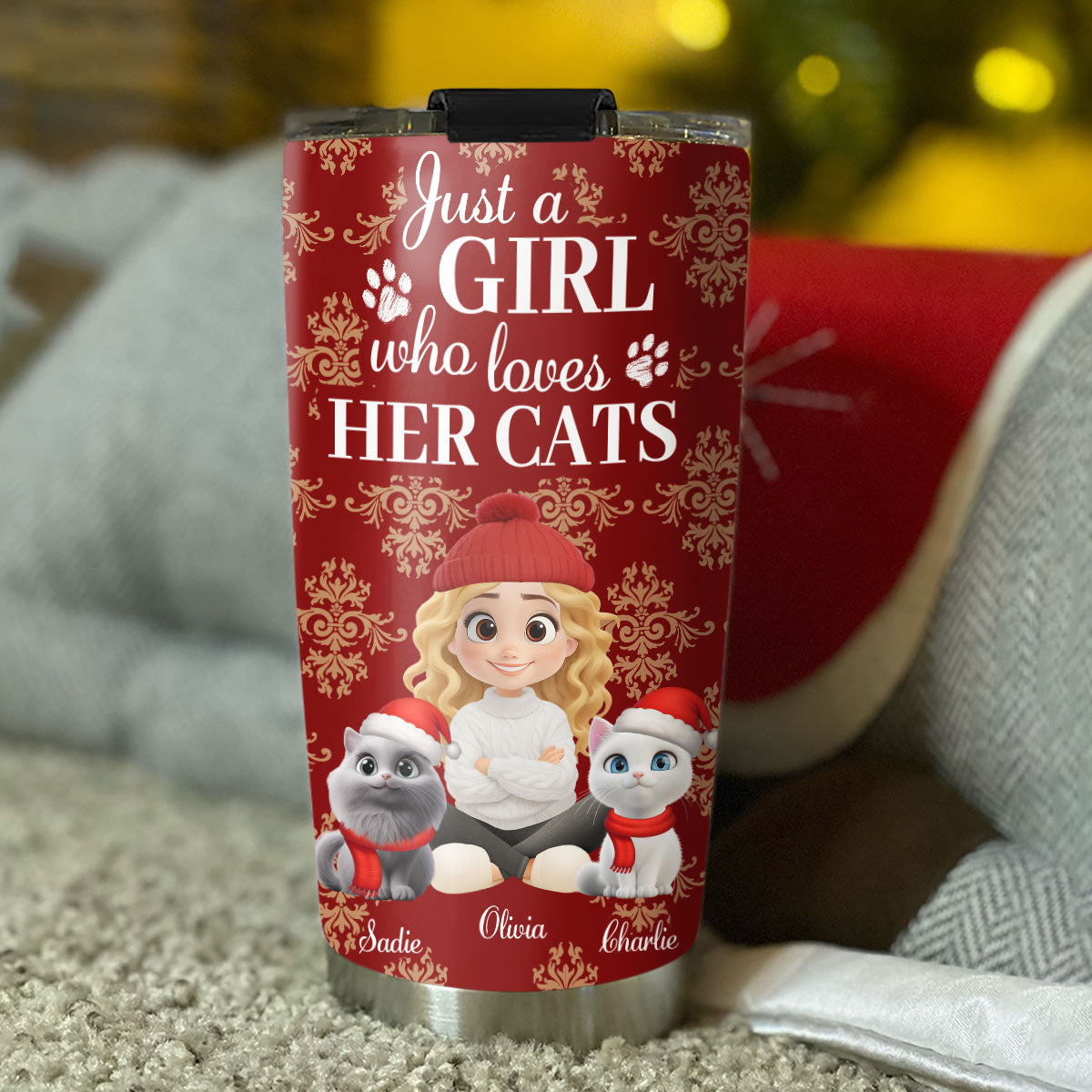 Custom Christmas Birthday Gifts For Cat Mom, Cat Lovers • Toile Cat Cartoon Christmas - Personalized Tumbler