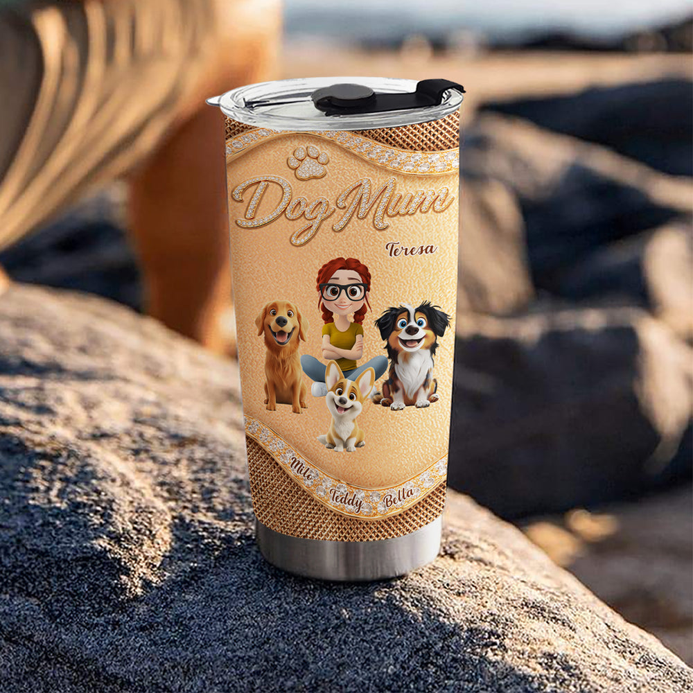 Custom Christmas Birthday Gifts For Dog Mom, Dog Lovers • Gold Chibi Dog Mom - Personalized 3D Effect Tumbler