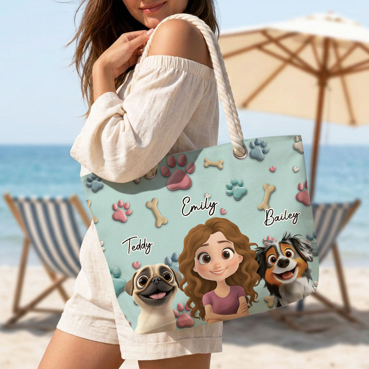Dog And Human Cartoon - Personalized Beach Bag