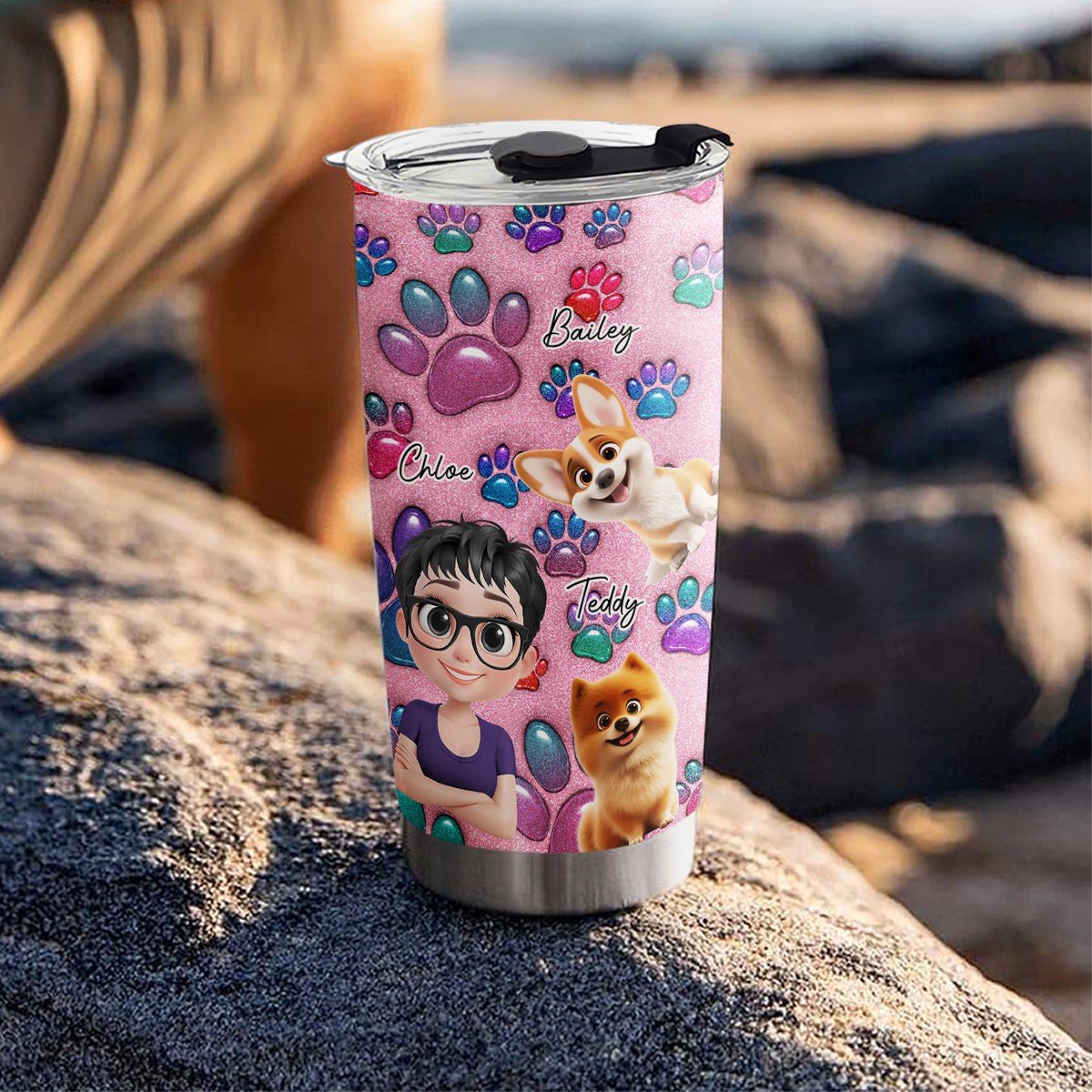 Custom Christmas Birthday Gifts For Dog Mom, Dog Lovers • Glittery Paw Mom - Personalized 3D Inflated Effect Tumbler