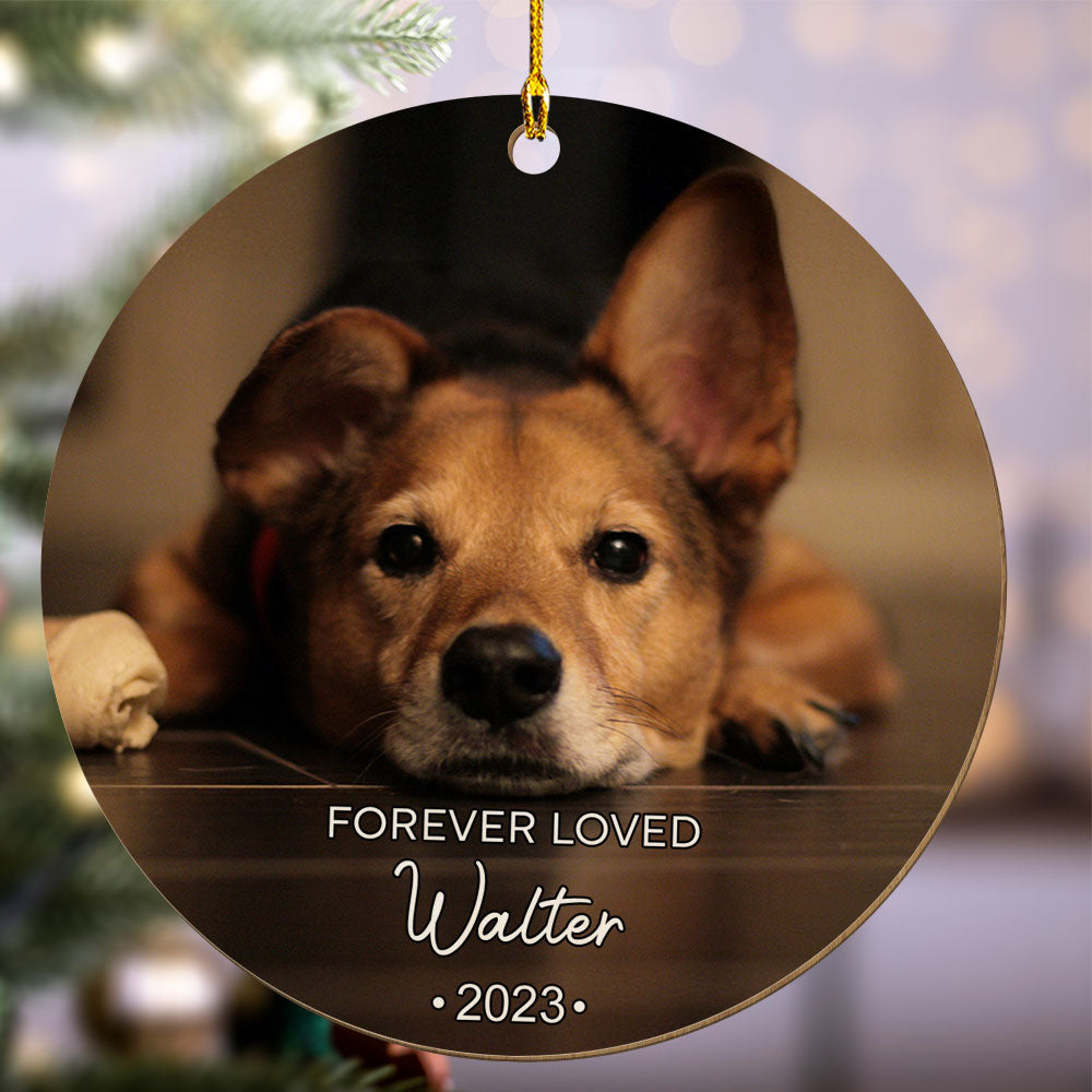 Custom Christmas Memorial Sympathy Gifts For Dogs, Cats • Forever Loved Photo Pet Memorial - Personalized Wood Ornament