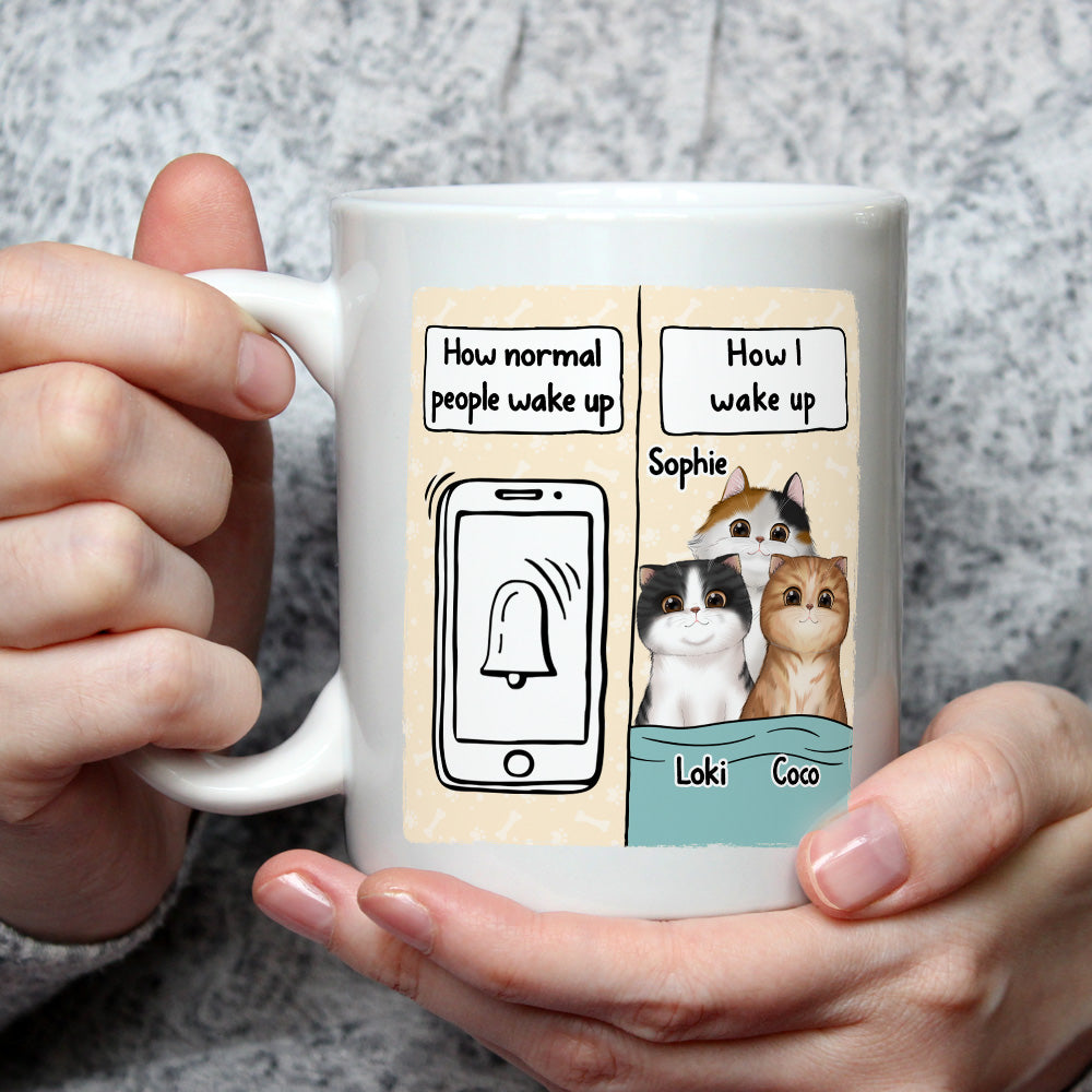 Custom Mother's day Birthday Gifts For Cat Mom, Cat Lovers • How Cat People Wake Up - Personalized Coffee Mug