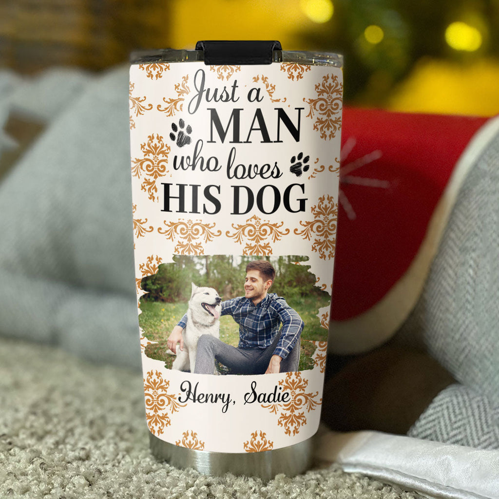 Custom Photo Christmas Birthday Gifts For Dog Dad, Dog Lovers • Pumskin Dog Autumn Ver Man Photo - Personalized Tumbler